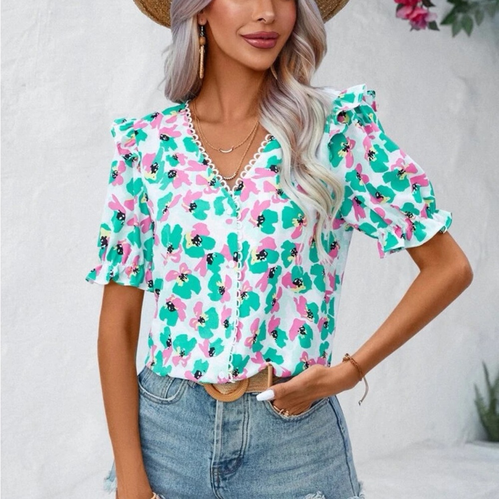 SHEIN Floral Print Lace Ruffle Trim Puff Sleeve Blouse Medium Pink Green White - Picture 2 of 3